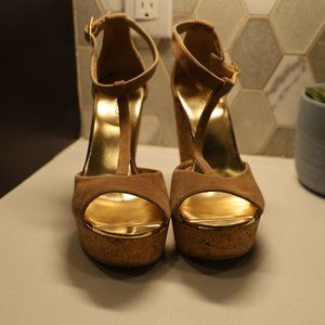 Jimmy Choo Tan Suede Pela Cork Wedge Platform Ankle Strap Size EU 39.5